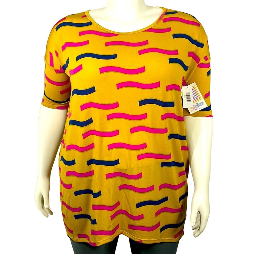 LuLaRoe Irma NWT L Gold Pink Navy Print Hi Low Comfy Stretchy Comfortable Fabric
